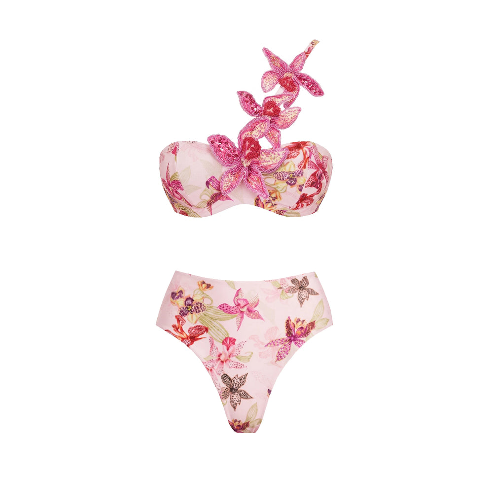 Pink floral print bikini top with floral embellishments and high-waisted bikini bottom.