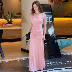 Asymmetrical Neckline Short Sleeve Ruched Maxi Dress