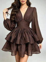 V-Neck Puff Sleeve Tiered Mini Dress