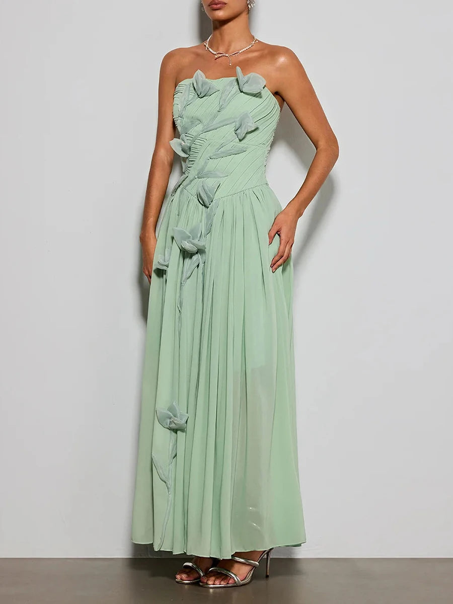 Strapless floral chiffon midi dress with ruched bodice side view
