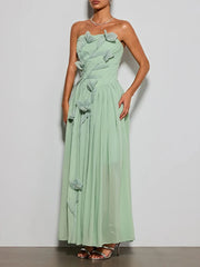 Strapless floral chiffon midi dress with ruched bodice side view