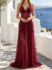 Sheath Halter Neck Ruched Maxi Dress