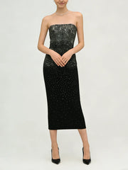 Black Strapless Gradient Sequin Beaded Midi Dress