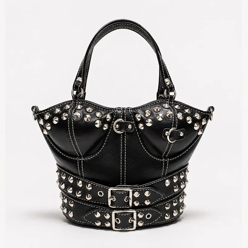 Black studded buckled corset bag