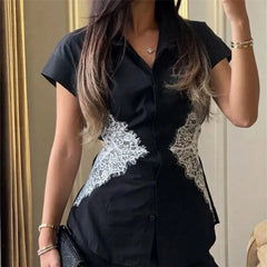 Black button-down shirt with white lace panels