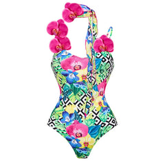 Floral and Geometric Print Swimsuit and Skirt Set