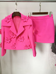 Women's 3D Flowers Appliques Blazer Mini Skirt Set