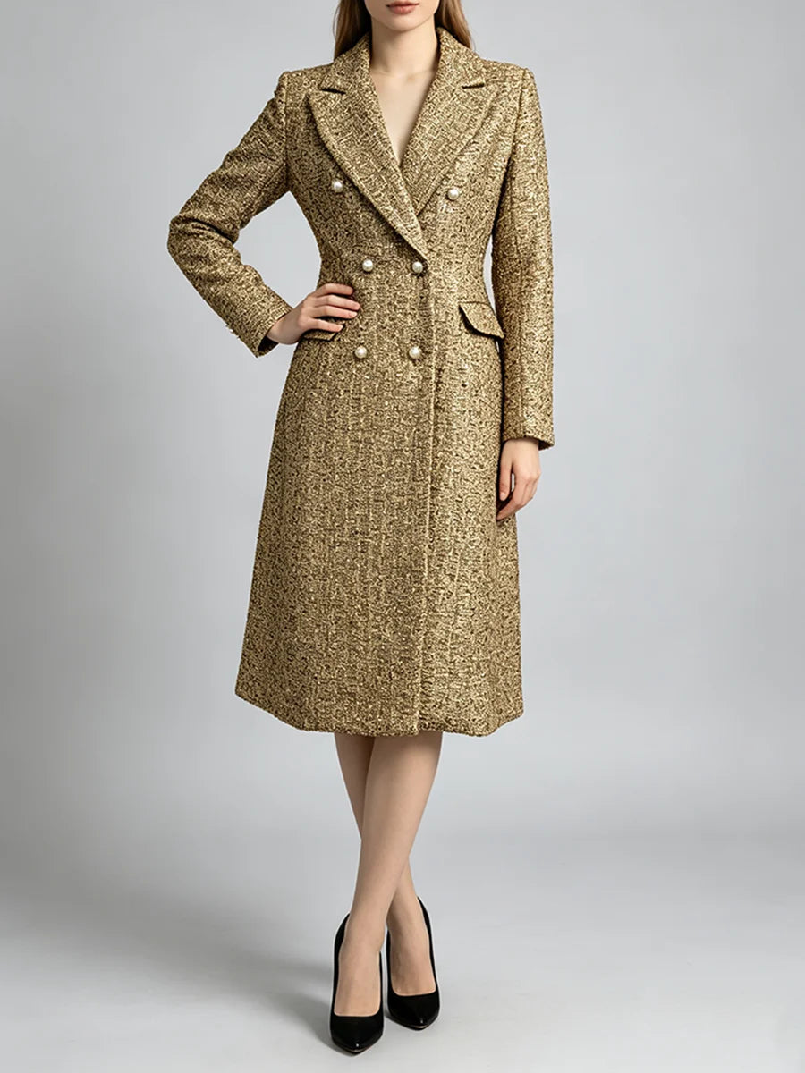 Pearl button tweed double breasted coat front view