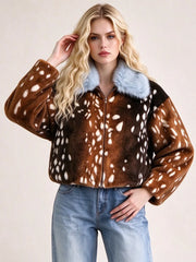 Faux fur deer print collar jacket styled with blue jeans on a model