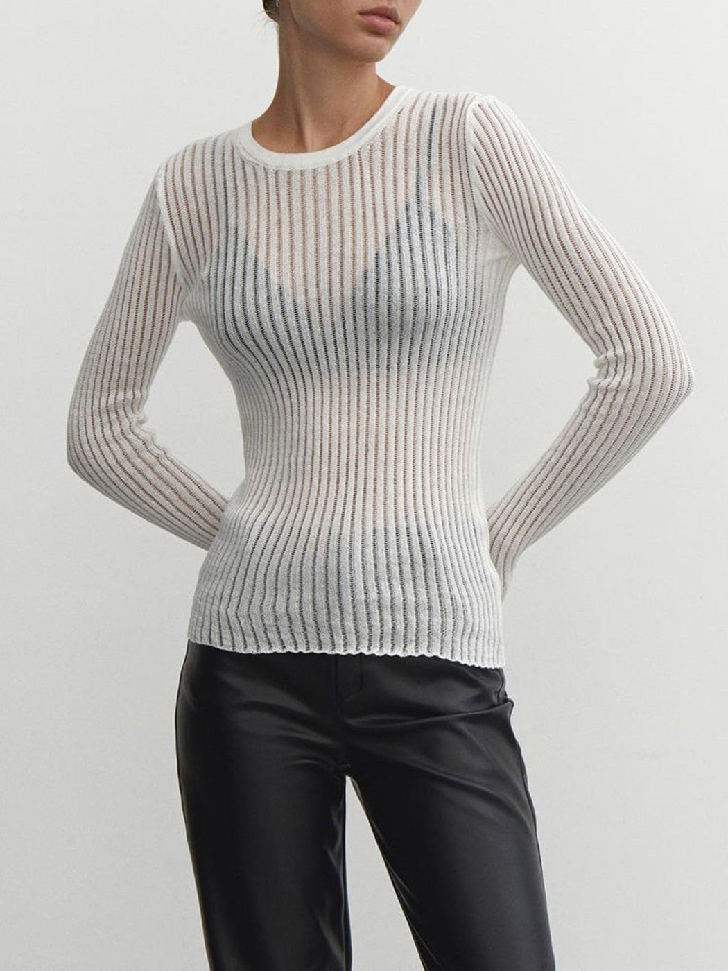 Thin Knit Sweater Women Solid Color Basic Long Sleeve Pullover
