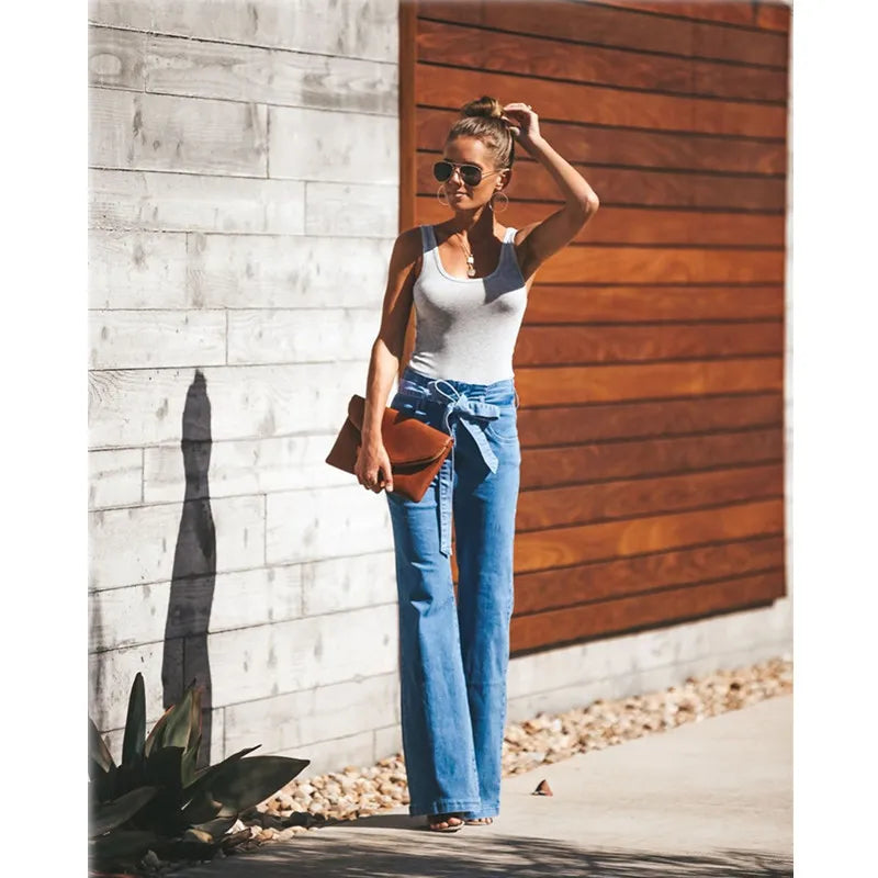 Tie Waist Flare Trouser Denim High Waist Belted Stretchy Pant