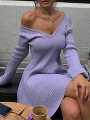 Knit Dress Long Sleeve V-neek Ruffle Hem Mini Sweater Dress