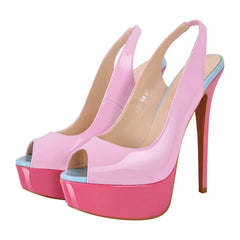 Pink high-heeled shoes with a platform on a white background