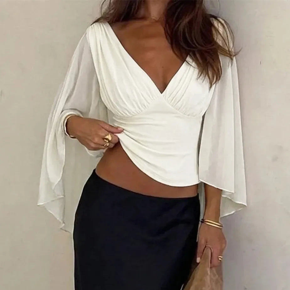Ruched V-neck cape sleeve top in white