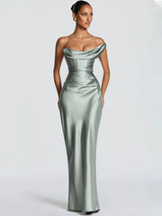 Satin Bodycon One Shoulder Cowl Neck Maxi Dress