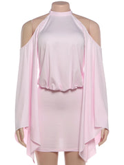 Pink Pearl Chain Off-Shoulder Flare Sleeve Mini Dress