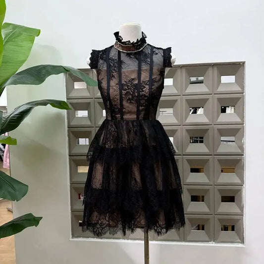 Black lace stand collar mini dress