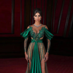 Satin Applique Beads Transparent Open Shoulder Green Prom Dress