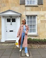 Red Gingham Lapel Long Trench Coat