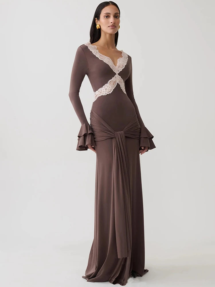 Brown lace trim flare sleeve maxi dress