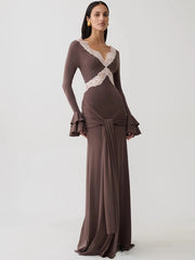 Brown lace trim flare sleeve maxi dress