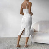White Textured Strap Midi Dress