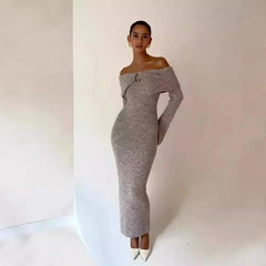 Fluffy Solid Knitted Off Shoulder Midi Dress