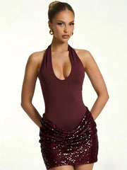 Cross Neck Ruched Sequin Mini Dress