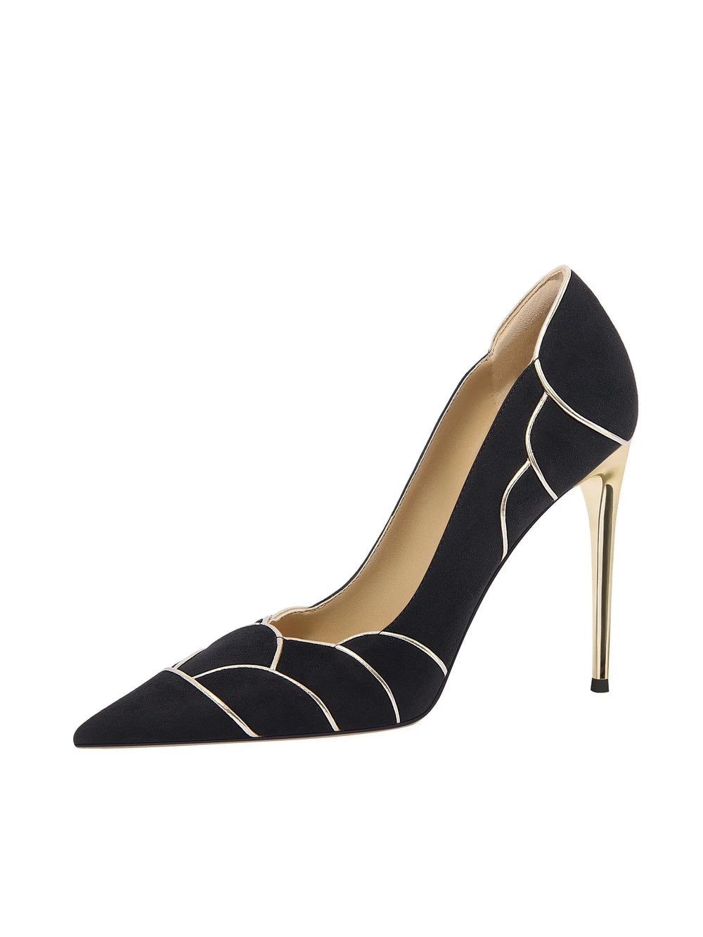 Black high-heeled shoe with gold accents on a white background