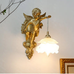 A luxurious crystal wall lamp with a French bronze angel design, casting a warm glow in a living room .Golden Atelier  3