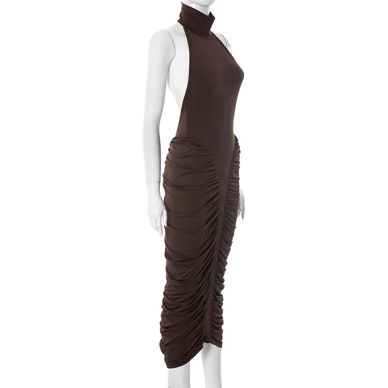 Brown ruched dress on a mannequin against a white background