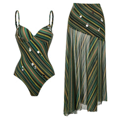 One-piece swimsuit with spaghetti straps and shell detail, shown with an asymmetrical maxi skirt.