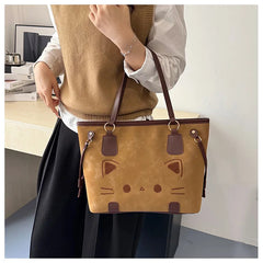 Cute Cat Face Suede Shoulder Tote Bag