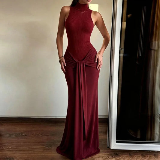 Ribbed Turtleneck Knotted Maxi Dress