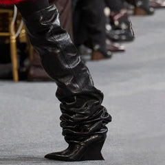 Ruched Wedge Heel Leather Boots