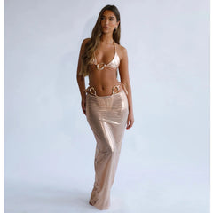 Gold metallic halter bikini top and matching maxi skirt