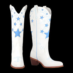 White knee-high Western cowgirl boots with star details.