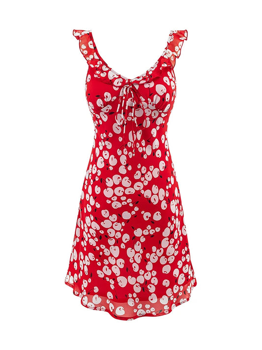Red cherry print mini dress with ruffle straps and a tie V-neck, front view.