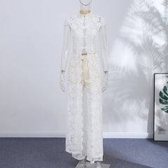 White Sleeveless Mock Neck Lace Long Slit Top And Pants Set