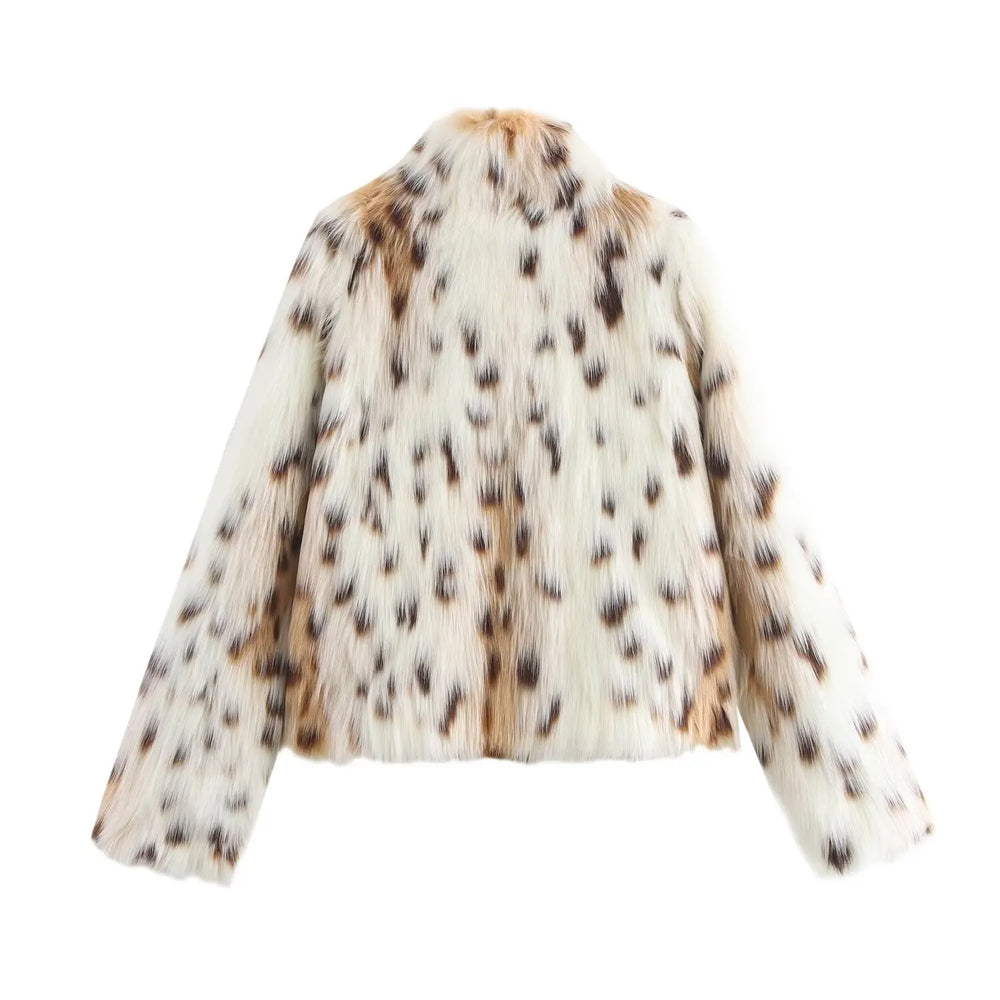 Faux fur jacket with a spotted pattern on a white background
