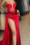 Red Prom Dresses Mermaid High Split Beadings Party Gowns
