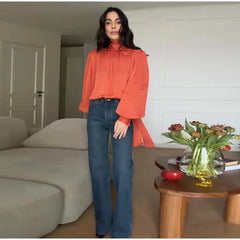 Standneck Long Sleeve Blouse with Fold Ribbon and Button Cuffs