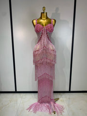Pink rhinestone strap maxi dress with fringe