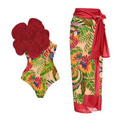 One-Shoulder Swimsuit with Oversized Flower Detail and Matching Printed Sarong Set