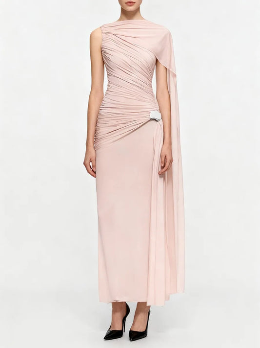 Woman wearing a pink one-shoulder dress on a white background