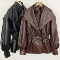 Faux Leather Jacket with Cinched Waist and High Neck Top