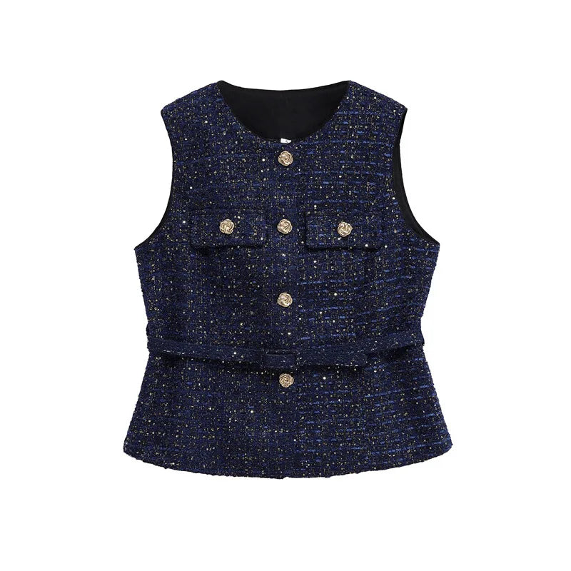 Navy blue tweed vest with gold buttons on a white background