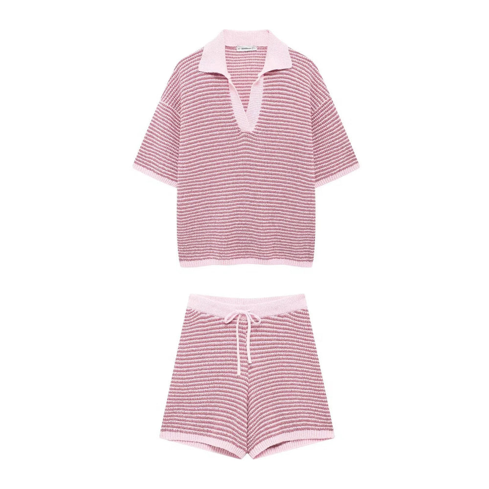 Pink and white striped knit top and shorts set laid flat