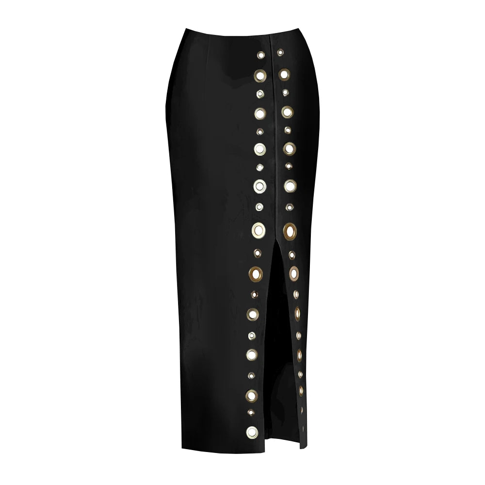 Black high-slit maxi skirt with front grommet detailing