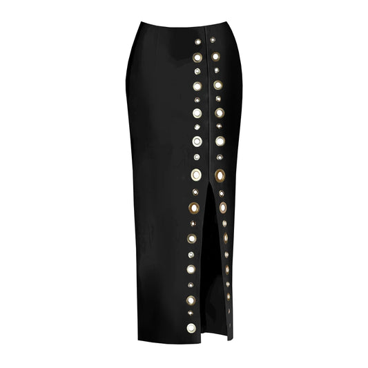Black high-waisted skirt with eyelet detailing and front slit